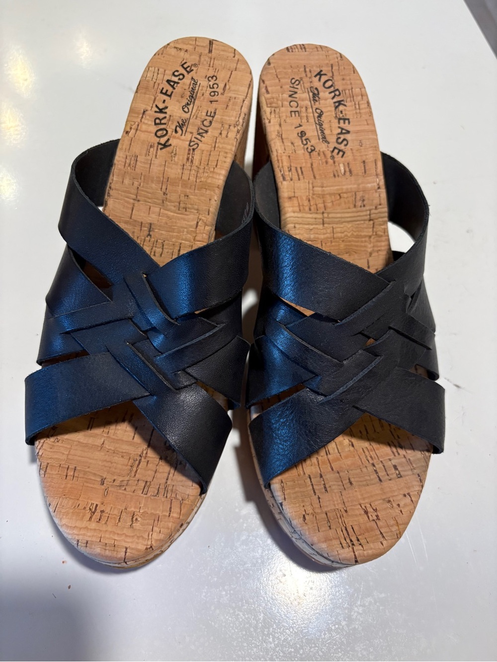 Kork-Ease Black Woven Leather Cork Wedge Mules
